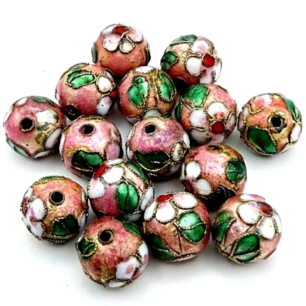 Lot of 7 Vintage Cloisonné Beads Green Pink Enamel Gold Tone Jewelry Making